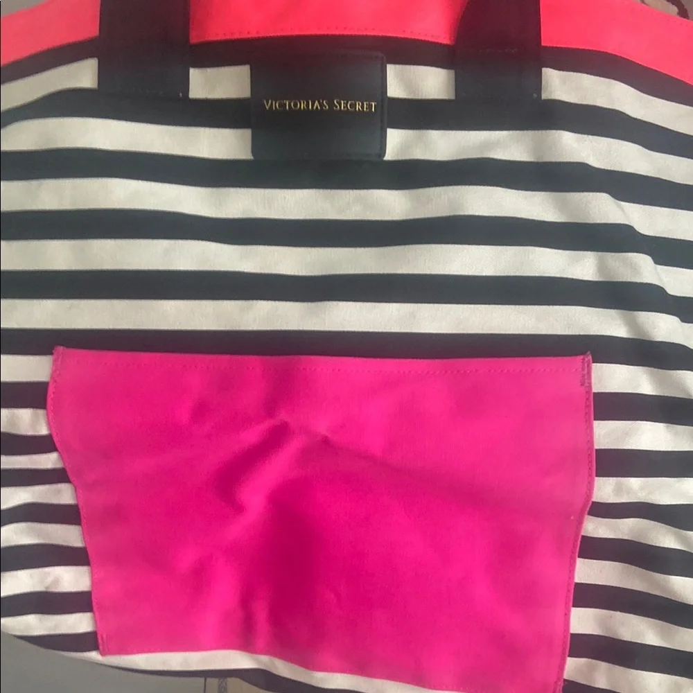 Victoria's Secret Black and Pink Striped Tote Bag
